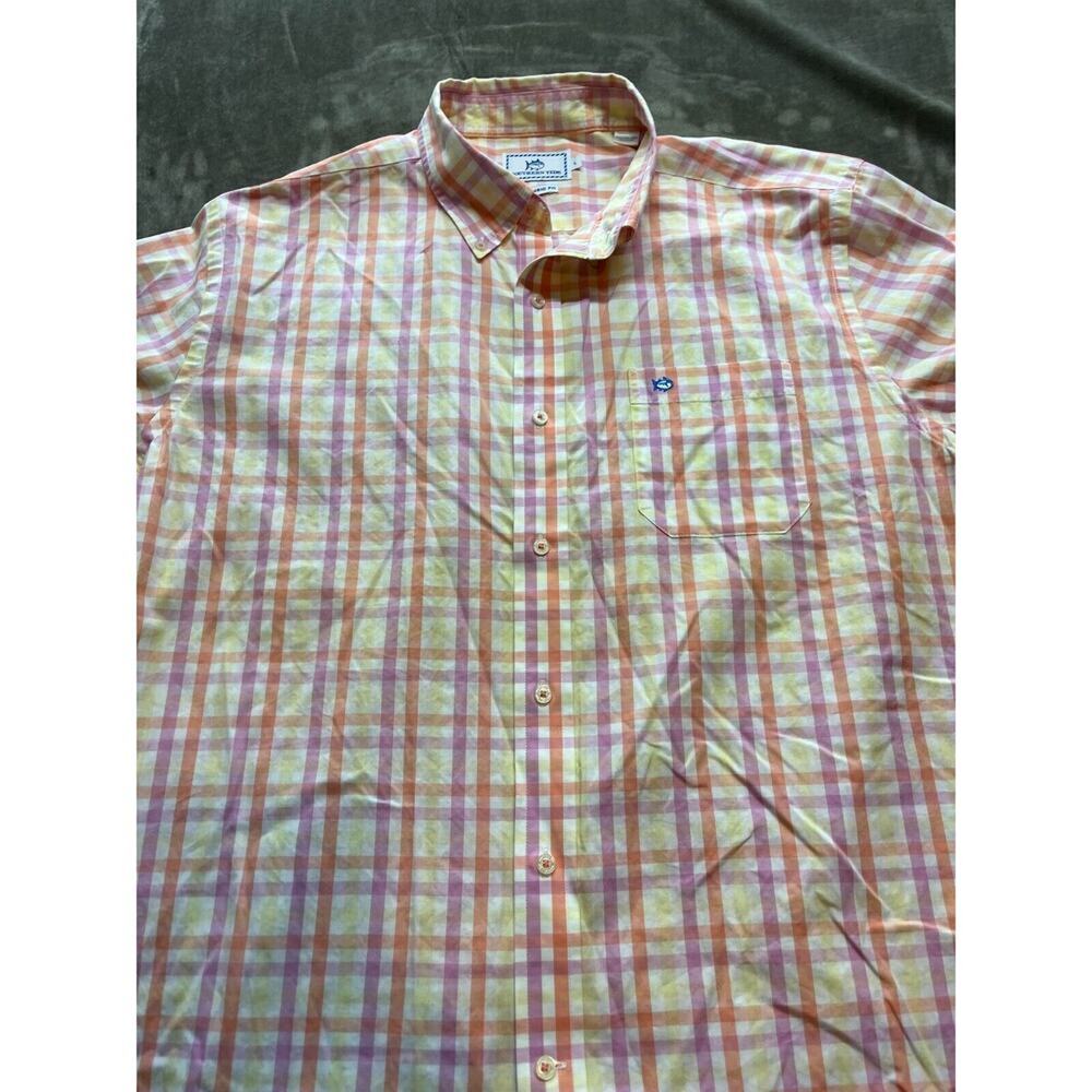 Southern Tide Men classic Fit Button Down Shirt‎ Large L pink orange plaid